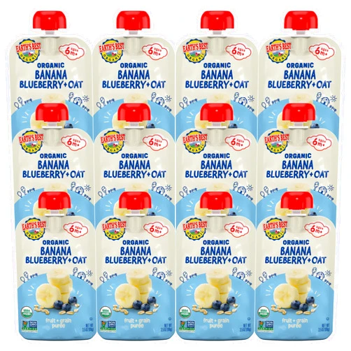 Earth's Best Organic Baby Food Pouches, Wholesome Breakfast Puree for Babies 6 Months and Older, Organic Banana Blueberry and Oat Puree, 3.5 oz Resealable Pouch (Pack of 12) (Packaging May Vary)