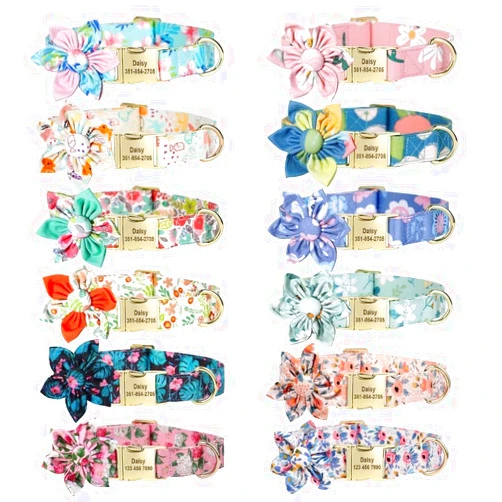 KINYABLUE Personalized Girl Dog Collars, Soft Cotton Spring Fall Dog Collar Girl with Detachable Flower, Floral Pattern Custom Cute Dog Collar with Name for Puppies Female Gift, XS(8-12