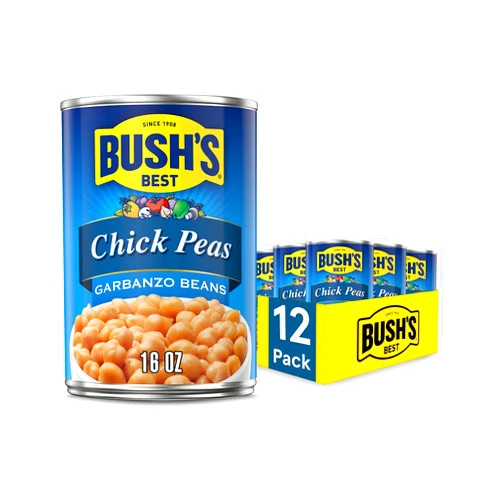 BUSH'S BEST 16 oz Canned Garbanzo Beans (Chickpeas), Source of Plant Based Protein and Fiber, Vegetarian, Low Fat, Gluten Free, (Pack of 12)