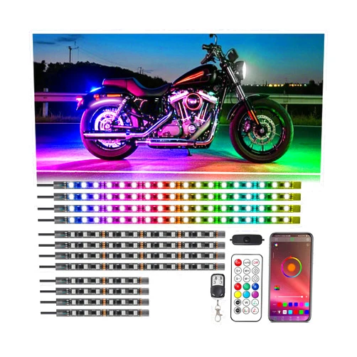 TDE Explorer.Lighting 12Pcs RGB+IC Chasing Motorcycle LED Lights for Harley Davidson Yamaha Kawasaki Golf Cart ATV, Motorcycle LED Underglow Kit with App/RF Remote, Brake & Turn Signal, Waterproof Dreamcolor Neon Strip 12V