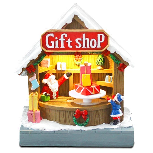 innodept12 Animated Christmas Village Street Gift Shop with LED Light & Music, Resin Figurines Cute Santa Claus for Festive Decorations, Battery Operated