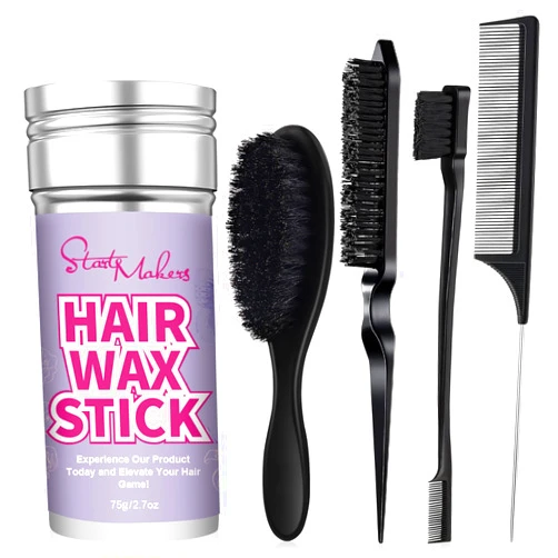 START MAKERS Hair Wax Stick and Slick Back Hair Brush Set for Women Kids Men 5PCS, with Edge Brush, Teasing Brush, Rat Tail Comb & Mini Boar Bristle Brush for Flyaways, Control, Sleek, Ponytail & Buns