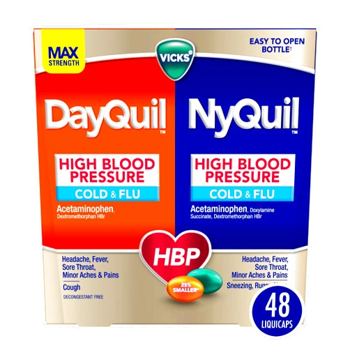 VICKS DayQuil & NyQuil High Blood Pressure Cold & Flu Relief Liquicap 48ct Co-Pack, Powerful Multi Symptom Daytime & Nighttime Medicine for Cold, Cough, and Flu Symptoms, 24ct DayQuil, 24ct NyQuil