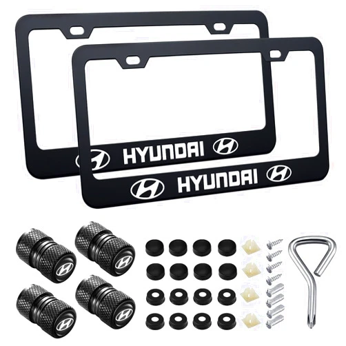 Tcuisuy License Plate Frames Compatible with Hyundai, Stainless Steel License Plate Covers Protect Plates, with Screw Caps Cover and 4 Tire Valve Stem Caps Accessories.