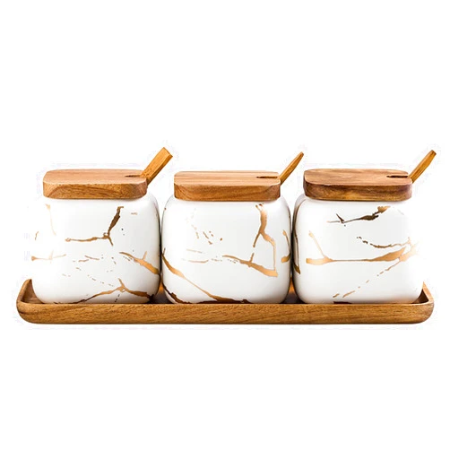 KIDYBELL Ceramic Spice Jars Porcelain Condiment Jars Set Marble Ceramic Seasoning Box 3pcs Condiment Pots for salt, sugar, pepper Kitchen Ceramic Seasoning Condiment Jar Set