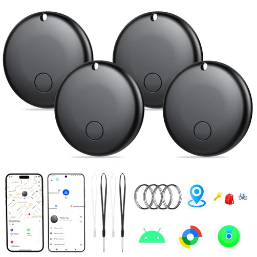 KSKCUJY 2025 Air Tracker Tags-4 Pack Item Locator for Android & iOS Bluetooth Tracker,Key Finders,Smart Tags Work with Apple Find My & Google's Find Hub (Black, for Android & iOS for iOS (4 Pack)