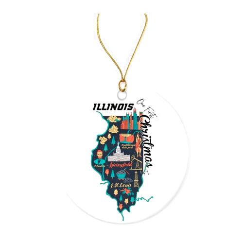 PTDShops Our First Christmas in Illinois - State USA Ornament - New Home Christmas - Us State Souvenir Gifts - Xmas Tree Hanging Decorations for New House - Illinois Ornament Printed on Both Sides