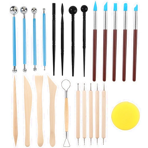 RUBFAC Polymer Clay Tools, Clay Tools Kit, 24pcs Clay Sculpting Tools Set with Stylus and Rock Painting Kit - Air Dry Clay Modeling Tools for Pottery and Sculpture
