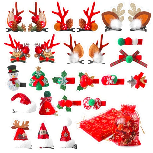 Yuxung 35 Pcs Christmas Hair Clips Reindeer Antlers Mini Sequins Santa Hat Hair Barrettes Holiday Small Jewelry Candy Bags Christmas Organza Gift Bags with Drawstring for Women Girls Party Wedding