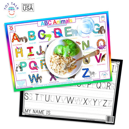 Tot Talk Amazing Animal ABC Alphabet Placemat for Kids, Made in The USA, This Preschool and Kindergarten ABC Table Mat Has Activities on The Reverse Side, Washable Placemats for Kids