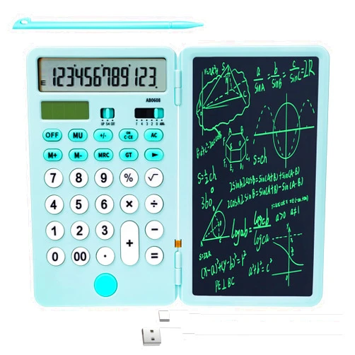 VEWINGL Calculator with Notepad,12 Digit Large Display Office Desk Calcultors,Dual Power Rechargeable and Solar 2 in1 Multi Function Calculator,Suitable for Office,School,Cyan Blue,(XT-AB0608)