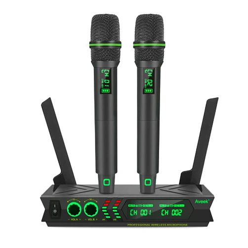 Aveek Wireless Microphone System, Dual UHF Cordless Microphones Set, 200ft Range Handheld Karaoke Microphones with Receiver for Singing, Speech, Party, Church, DJ, Wedding,