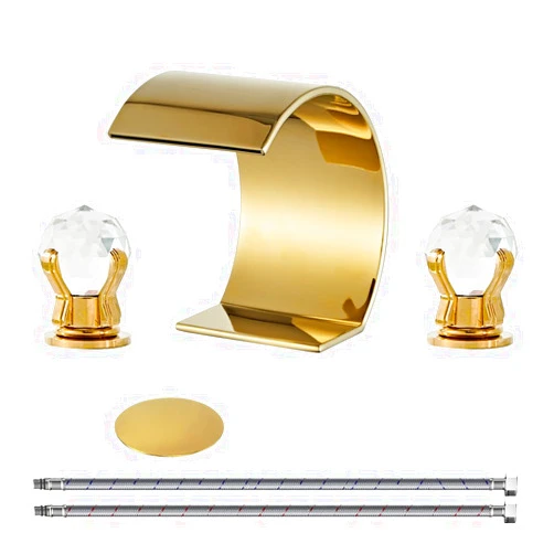 Yannlii Shiny Polished Gold Widespread Bathroom Sink Faucet,8-16 Inch Basin Mixer Tap with Pop Up Drain Assembly,Two Crystal Handle Three Hole Brass Lavatory Vanity Faucet