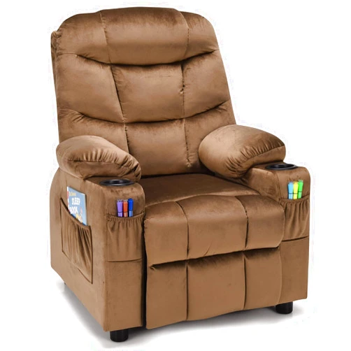 COSTWAY Larger Kids Recliner Chair, Adjustable Lounge Recliner w/ 2 Cup Holders, 1 Side Pocket, 2 Front Pockets, Footrest, Velvet Fabric Recliner for Boys & Girls, Ideal for Bedroom (Brown)