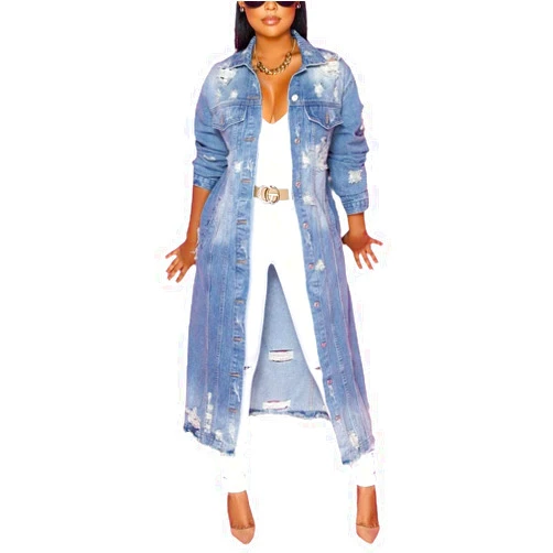 chouyatou Women's Spring Fashion Ripped Holes Maxi Long Denim Jacket Trench Coat