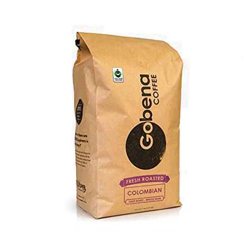 Gobena 5lb Fair Trade Organic Certified Colombian Whole Bean Light Roast, 100% Arabica Specialty Coffee, 80 ounces, 5 pounds, Bulk Coffee