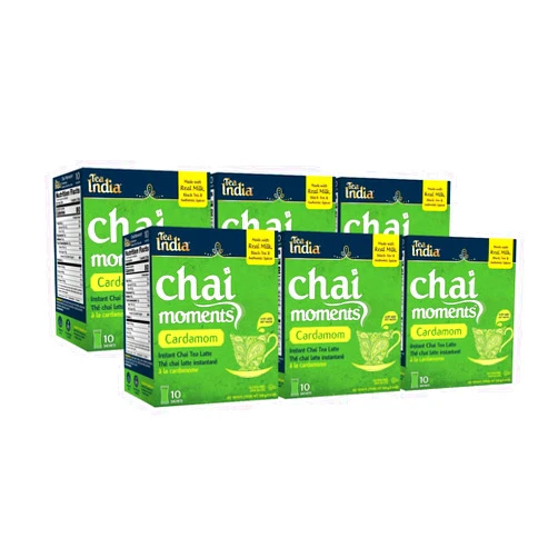 Tea India Chai Moments Cardamom Chai Tea Instant Latte Mix Flavorful Blend Of Premium Black Tea, Cardamom & Natural Ingredients Traditional Indian Tea Individually wrapped 10 Sachets Pack of 6