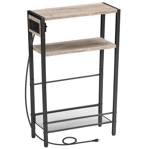HOOBRO Small Narrow Side Table with Charging Station, Skinny End Table for Small Spaces, Slim Nightstand with USB Ports Outlet, Sofa Beside Table with Storage Shelf, Greige and Black BG102UBZ01