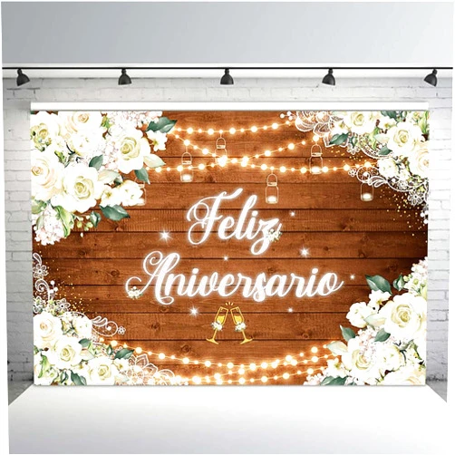 MEHOFOND 7x5ft Feliz Aniversario Backdrop Bohemia Mr and Mrs Happy Anniversary Wedding Valentines Wooden Background Engagement Party Banner Decorations for Photobooth Props