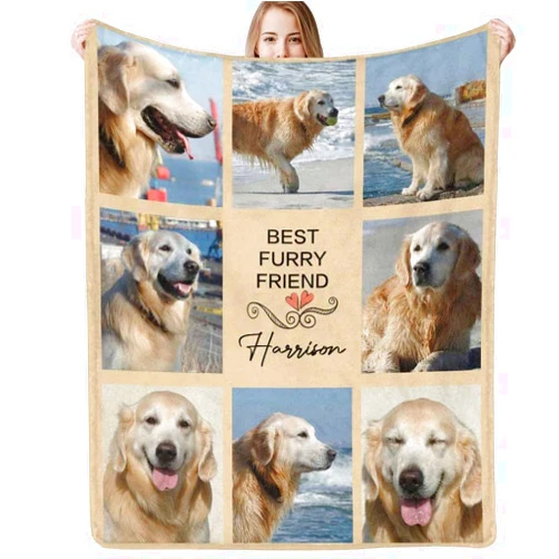 COLORSFORU Custom Blanket with Dog Picture Name Personalized Text Photo Collage Blanket Memorial Gift Loss Dog Sympathy Remembrance Gift for Kids Pet Lover a Grieving Pet Owner Friends Dog