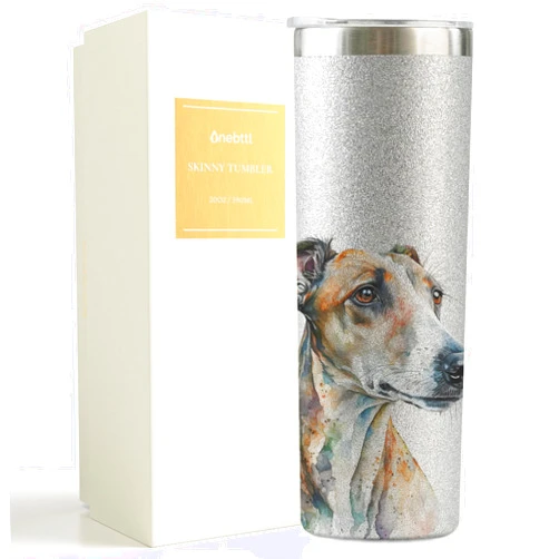Onebttl Greyhound Gifts for Greyhound Dog Mom, Greyhound Dog Design, Dog Mom Gifts, 20oz Stainless Steel Insulated Skinny Tumbler with Lid & Straw, Silver Glitter - Watercolour Greyhound
