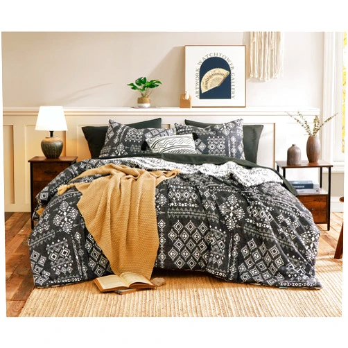 Geniospin Twin Comforter Set - 5 Pieces Comforters Twin Size, Fluffy Boho Bedding Sets for All Seasons, Bed in a Bag with Flat Sheet and Fitted Sheet, Pillowcase & Sham (Black and White, 66''x86'')