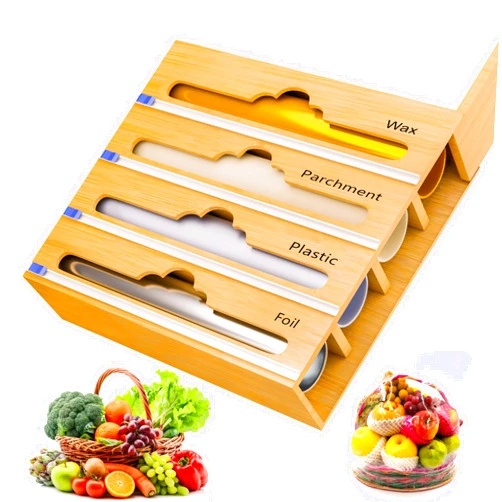 VROOFIX 4 in 1 Wrap Dispenser for Aluminum Foil, Parchment, Wax Paper and Plastic Wrap - Bamboo Dispenser Compatible with 11’’ roll - Ideal For Kitchen Storage Organization