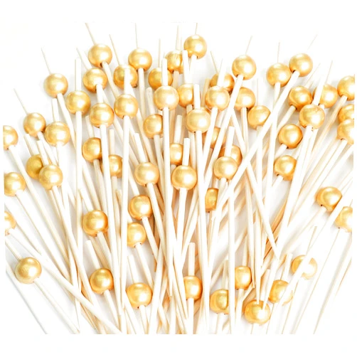 SEANSDA 200PCS Cocktail Picks, Fancy Toothpicks for Appetizers, Decorative Skewers for Appetizers Drinks Party Fruit, 4.7 Inch Long Wooden Bamboo Gold Ball Food Sticks Charcuterie Boards Accessories