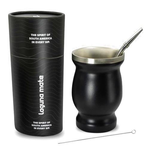 Laguna Mate Stainless Steel Yerba Mate Cup and Bombilla Set-Yerba Mate cup and straw set Includes 1 Yerba Mate Cup, 1 Yerba Mate Container-1 Bombilla Mate (Straw) & 1 Cleaning Brush - Black Color