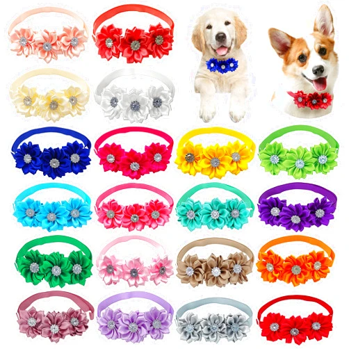 Petbuy 20Pcs Christmas Dog Collar Bow Tie Flower with Diamond Crystal, Adjustable Puppy Dog Christmas Collar Bows Pet Collar Tie Cat Bowties for Birthday Party Wedding Dogs Bowties