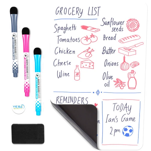 YES4QUALITY Magnetic Dry Erase White Board Sheet for Fridge 12x8 in, with Stain Resistant Technology, Includes 3 Markers and Big Eraser with Magnets, Small Refrigerator Whiteboard Planner