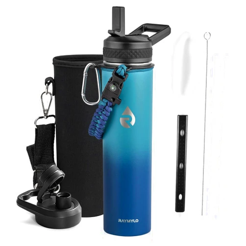RAYMYLO Insulated Water Bottle 24oz, Triple Wall Vacuum Stainless Steel (Cold for 48 Hrs, Hot for 24Hrs), Leak Proof & Non-BPA, 24oz Hydro Water Flask with Paracord Handle & Straw Spout Lids