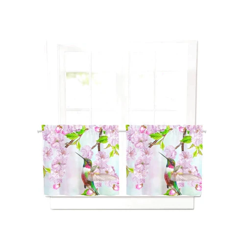 LaBLUUX 30 Inch Length Floral Curtains 2 Panels, Spring Cherry Hummingbird Blackout Kitchen Curtains, Rod Pocket Small Tier Curtains for Cafe Bathroom Basement, 30 Inch Width