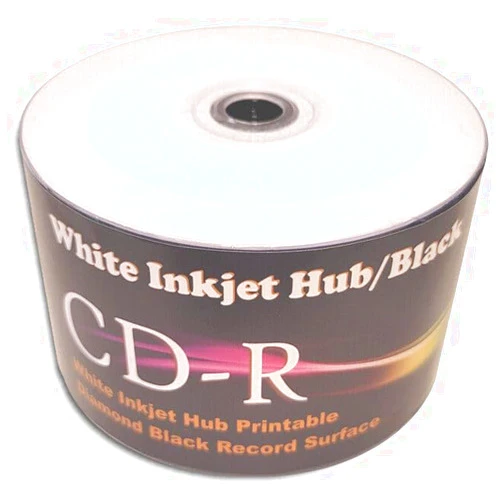 Generic 100-Pak White Inkjet HUB/Diamond Black 52X 80-Min CDR's, Inkjet Hub Top, Black Colored Bottom!