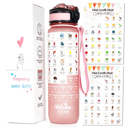 PuGez Pregnancy Water Bottle Tracker(Black), 1st Trimester Must Haves Gift for First Time Moms, with 2 Different Weekly Stickers, Early Essentials Gifts for Pregnant Women, Maternity, BPA Free