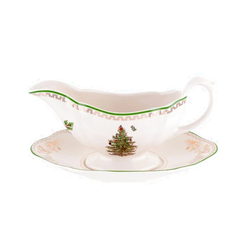 Spode Christmas Tree Gold 10 Oz Gravy Boat and Stand - Elegant Christmas Porcelain Sauce Boat, 22K Gold Accents, Luxurious Holiday Serveware for Gravy, Sauces, Festive Gatherings, Dishwasher Safe