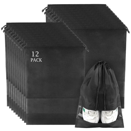 COIDEA 12 Pack Shoe Bags for Travel, Large Travel Shoe Bags for Packing with Clear Window, Dustproof Drawstring Travel Shoe Storage Bags Travel Essentials for Men & Women, Black
