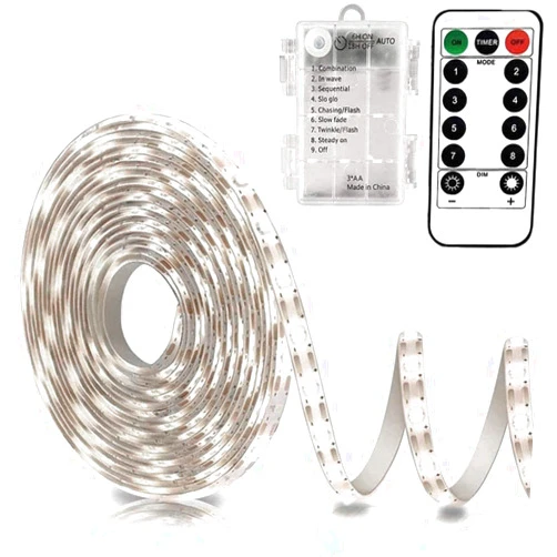 echosari Battery Operated Led Strip Lights White with Remote, 8 Modes, Dimmable, Timer, Self-Adhesive, Cuttable, for PC TV Kitchen Cabinet Shelves Bedroom Decor (3m 90LED)
