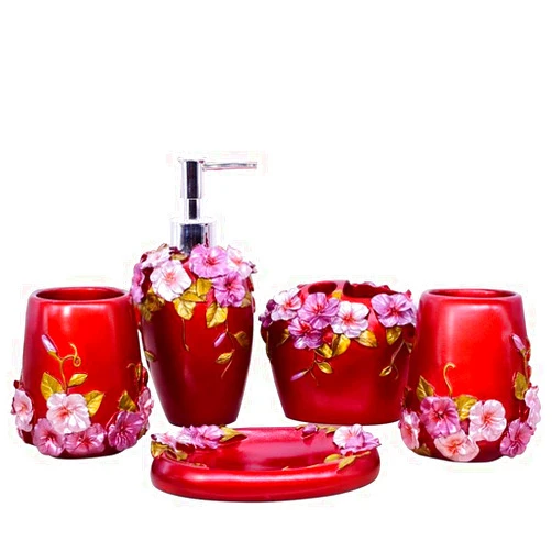 LUANT Marquee Bath Ensemble, 5 Piece Bathroom Accessories Set, Marquee Collection Bath Set Features Soap Dispenser, Toothbrush Holder, Tumbler, Soap Dish (Red)