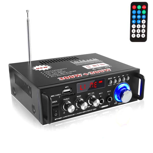 Etlephe 298A Mini Bluetooth 5.0 Stereo Amplifier,Amplifier Home Audio,Audio Receiver,300W+300W 2 Channel Power Sound Receiver/USB,SD Card,FM Radio,2 Mic for Home Speakers & Theater System-12V 110V