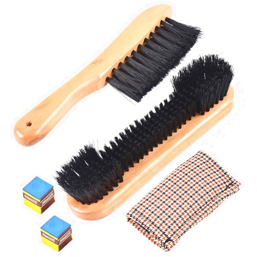 WeiLingBo 2Set Wood Billiard Pool Table Brush and Rail Brush Set with Soft Nylon Bristle,Billiard Table Cleaner Brushes with Cleaner Cloth 2 Cue Chalk Cube,Pool Tables Accessorie