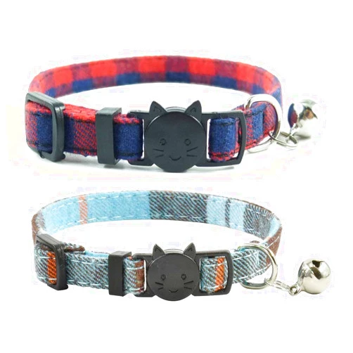 MDENOVO Cat Collar Breakaway with Bell, Cute Plaid Patterns Design Adjustable Kitty Safety Collars 2 Pack Pet Collar for Cats(7-11inches, Red+Light Blue)