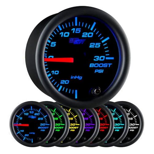 GlowShift Black 7 Color 30 PSI Turbo Boost/Vacuum Gauge Kit - Includes Mechanical Hose, T-Fitting & Wiring - Multi-Color Display - Black Dial - Clear Lens - for Car & Truck - 2-1/16