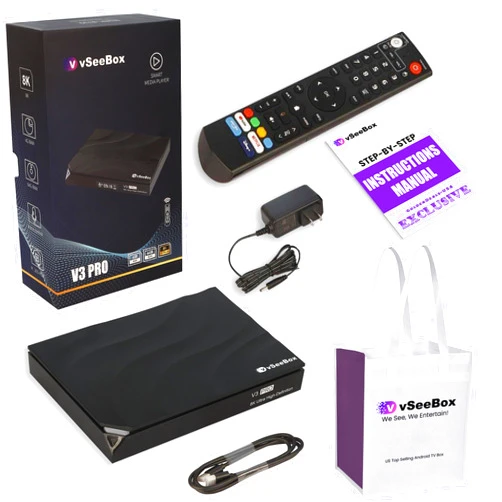 Generic 2024 (Newest) V3 SeeBox V3 Pro 8K with Voice Control Remote - Includes Reusable Tote Bag (Detailed Setup Guide by Seller, CA Support) - Android 11, 4GB RAM, 64GB Storage, black