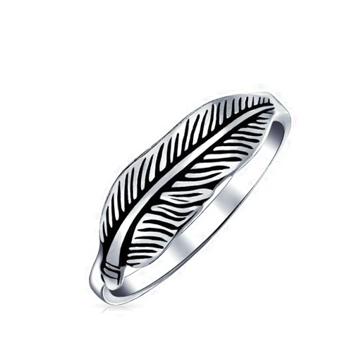 Bling Jewelry South Western Nature Wrap Boho Feather Leaf Band Ring Western Jewelry For Women Teen Oxidized .925 Sterling Silver customizable