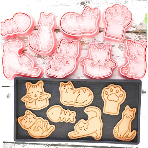 Lutoku 8pcs Cat Cookie Cutters Set, 3D Cute Cat Cookie Stamps, Cupcake Pancake Apple Pie Pastry Biscuit Molds, Fruit, Sandwich Cutter, Cookie Baking Molds for Cat Party Decorations (Cat-1)