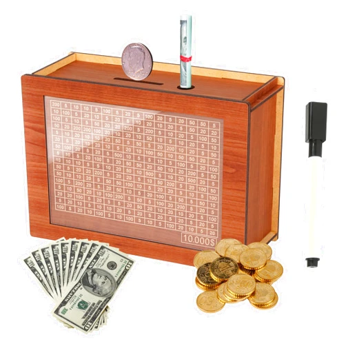 Calefow 10,000 Savings Challenge Box，Cash Vault Wooden Savings Box，Cash Saver Box，Coin Counter Piggy Bank，Wooden Piggy Bank Coin Bank with Counting Target,Wooden Coin Bank for Boys and Girls