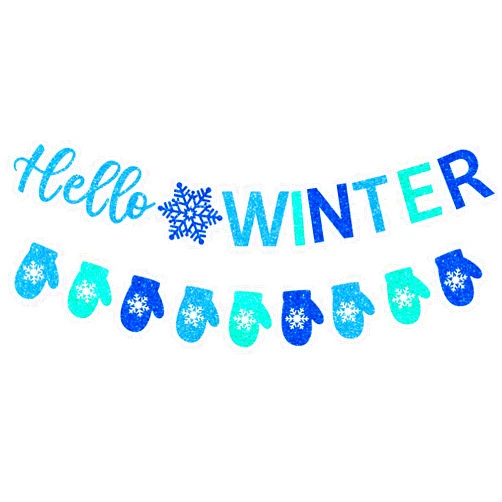 JKQ Glitter Hello Winter Banner with Snowflake Signs and Blue Glittery Gloves - Snowflake Garland for Christmas Holiday, Winter Wonderland Birthday, Baby Shower Party Mantle Decorations