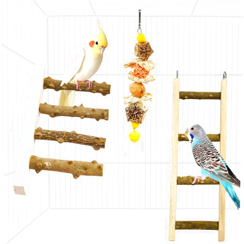 XLpeixin 3pcs Bird Cage Ladder Parrot Ladder,Natural Wooden Bird Bridge Parakeets Climbing Hanging Toys for Cockatiels Budgerigars Conure