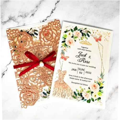 ALVESTORY 50 Rose Gold Glitter Laser Cut Wedding Invitations Cards sets with Pearl Ribbon Hollow Floral Quinceanera Invites Cardstock for Engagement Bridal Shower Birthday Graduation Anniversary Party